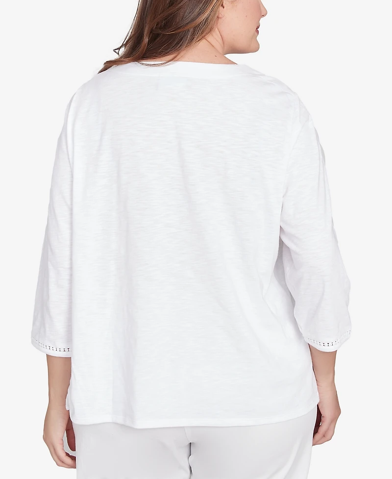 Alfred Dunner Plus Rise and Shine Embroidered Pineapple Top