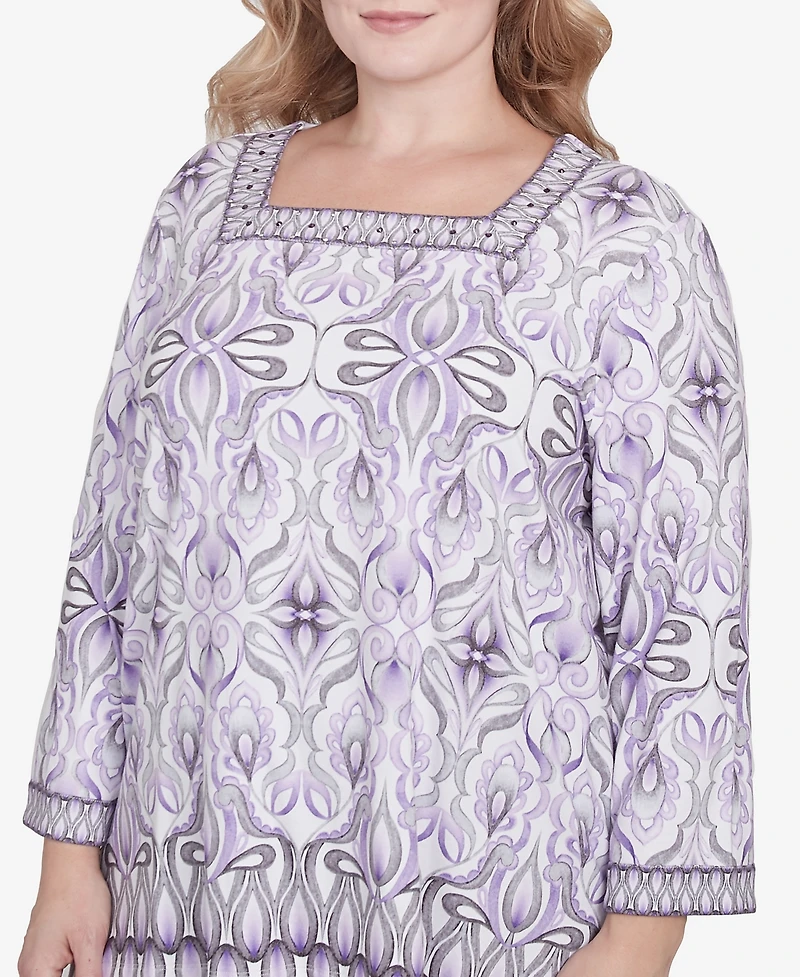 Alfred Dunner Plus Crystal Springs Border Square Neck Top