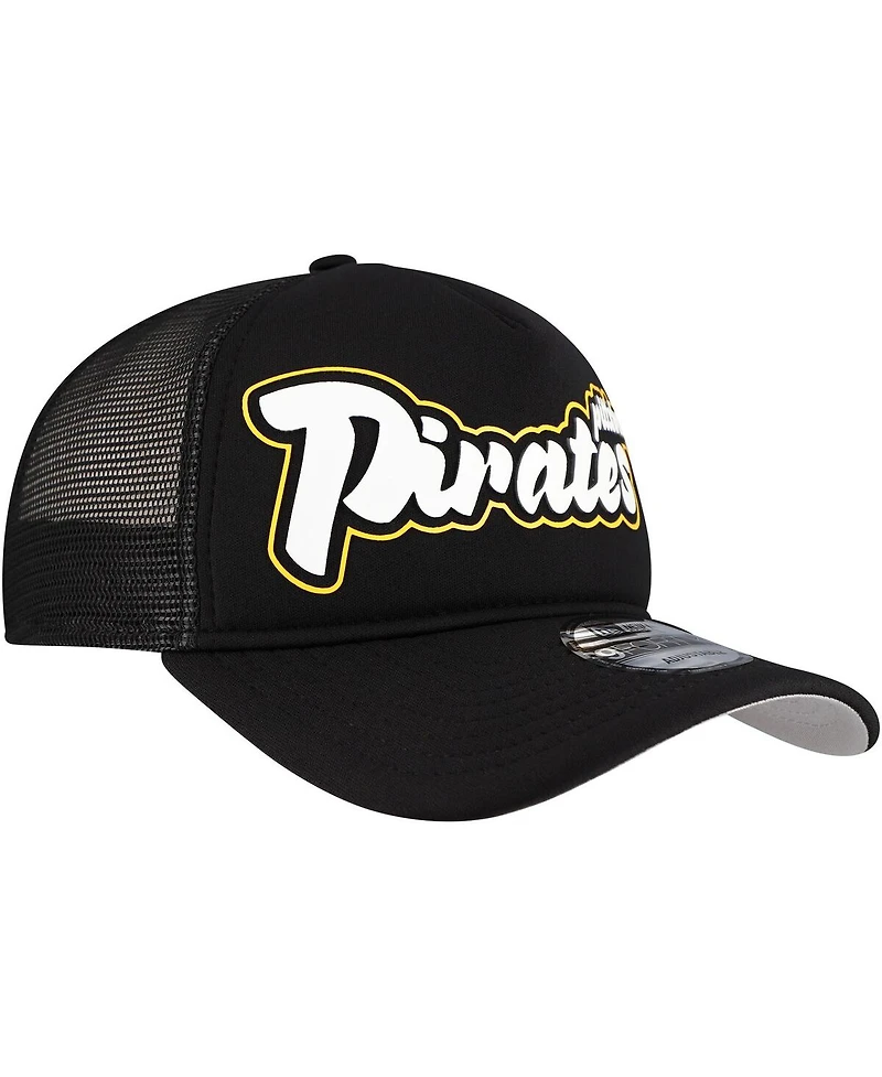 New Era Men's Black Pittsburgh Pirates Retro Bold A-Frame Trucker 9FORTY Adjustable Hat