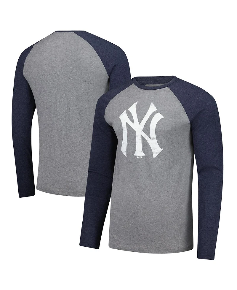Fanatics Men's Heather Gray/Heather Navy New York Yankees Weathered Logo Tri-Blend Raglan Long Sleeve T-Shirt