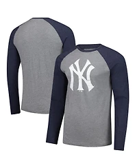 Fanatics Men's Heather Gray/Heather Navy New York Yankees Weathered Logo Tri-Blend Raglan Long Sleeve T-Shirt