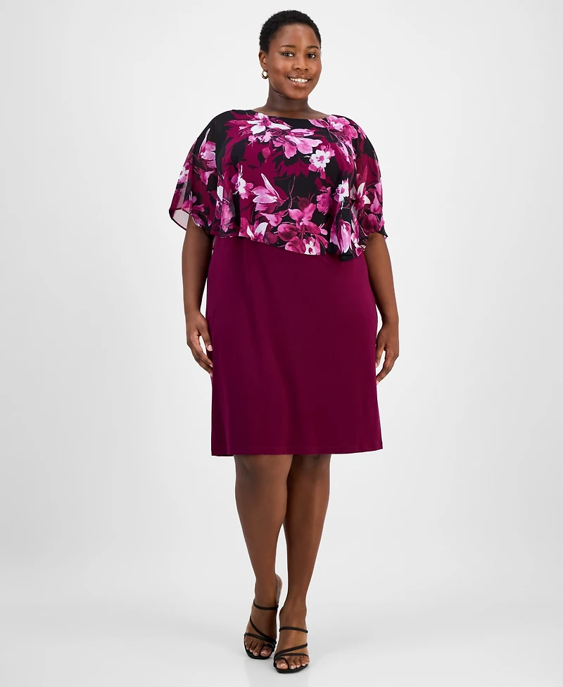 Connected Plus Floral-Print Capelet Sheath Dress