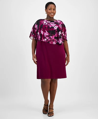 Connected Plus Floral-Print Capelet Sheath Dress