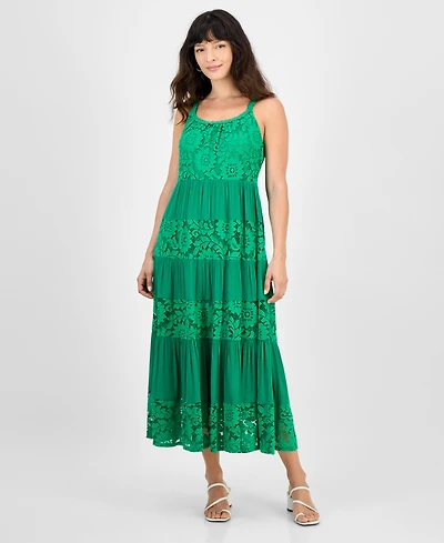 Robbie Bee Petite Lace-Trim Sleeveless Tiered Midi Dress