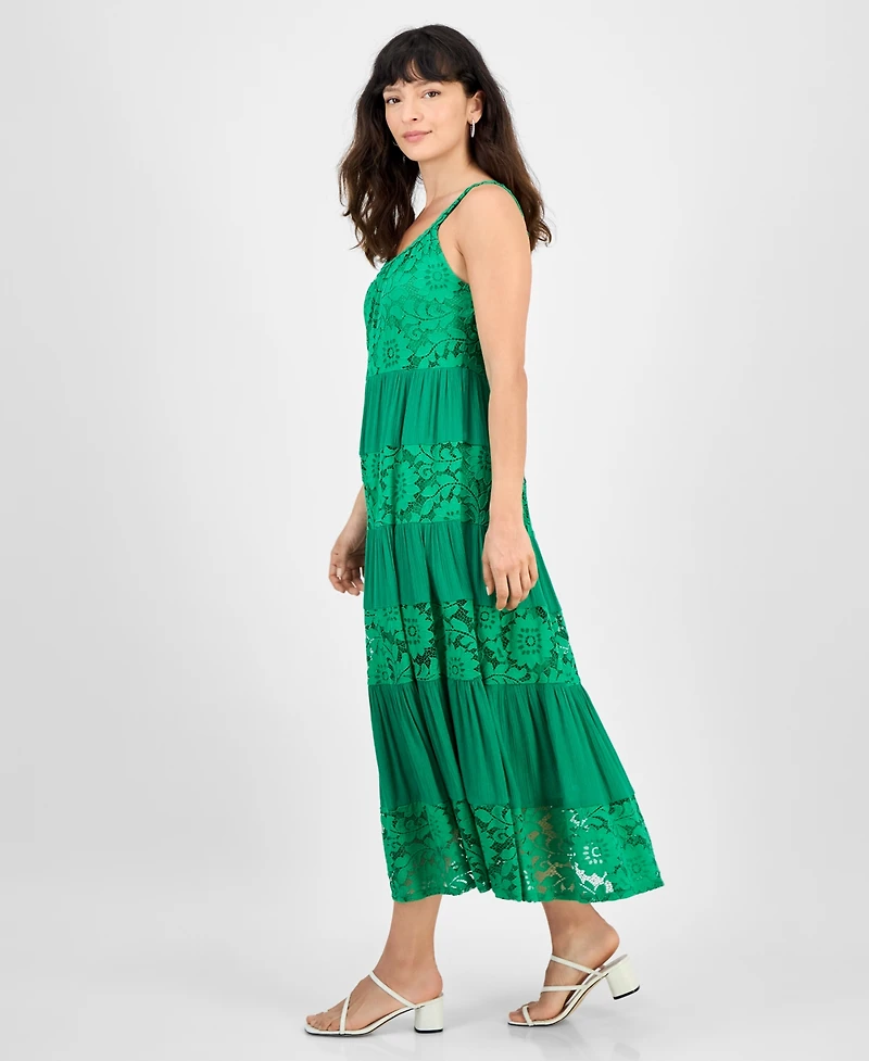 Robbie Bee Petite Lace-Trim Sleeveless Tiered Midi Dress