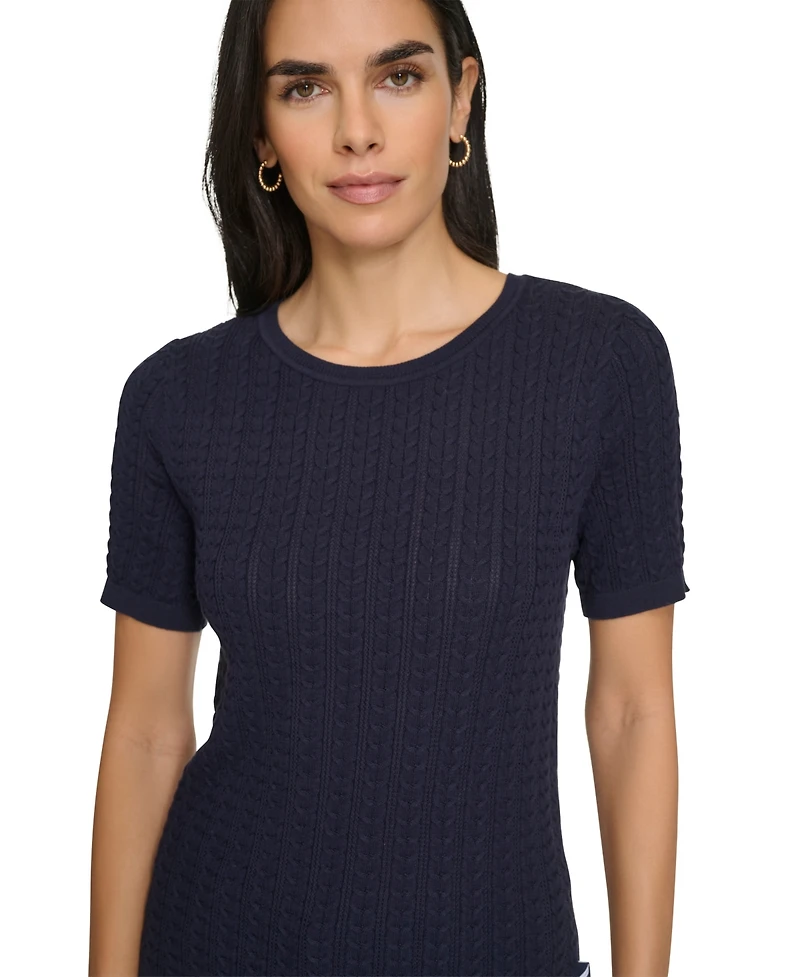 Nautica Jeans Women's Short Sleeves Rope Cable Sweater