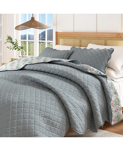 Linery & Co. Cotton Stitched Reversible Floral 3 Piece Quilt and Sham Set