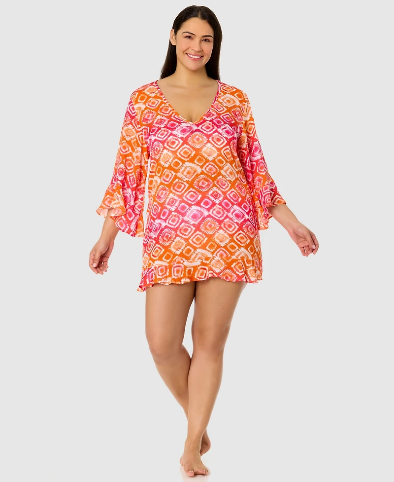 Anne Cole Plus Size Printed Flounce Tunic Swim Cover-Up