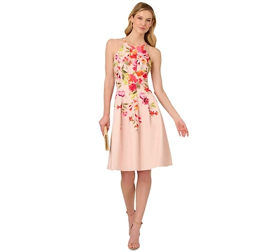 Adrianna Papell Women's Floral-Print Pleated Fit & Flare Halter Dress