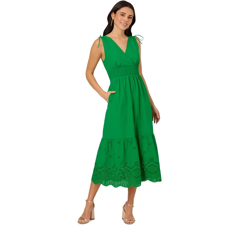 Adrianna Papell Women's Smocked-Waist Tie-Sleeve Eyelet Cotton Sundress