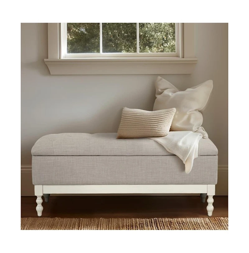 Tufted upholstered storage bench with soft-close lid, interior storage, and antique cream wood legs, perfect for bedrooms or entryways-The Pop Home