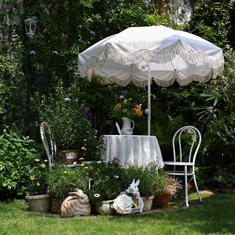 LAGarden 6Ft Fringe Patio Umbrella with Push Button Tilt Carry Bag UV30+ Outdoor Beach Yard Pool Party Deck Purple Stripe