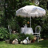 LAGarden 6Ft Fringe Patio Umbrella with Push Button Tilt Carry Bag UV30+ Outdoor Beach Yard Pool Party Deck Purple Stripe