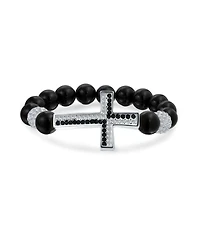 Bling Jewelry Religious Sideways Cross Black Onyx Compressed Turquoise White Pave Crystal Stretch Bracelet Silver Plated