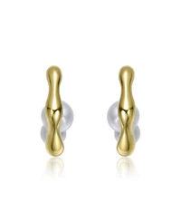 14K Gold Plated with Curved Design and Pearl Accent Modern Huggie Earrings