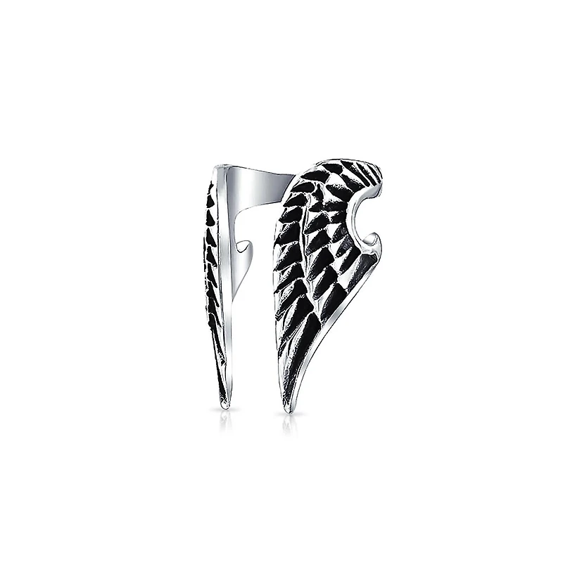Bling Jewelry Spiritual Guardian Angel Wing Feather Cartilage Ear Lobe Helix Earring Wrap Ear Cuff Clip Black Oxidized Stainless Steel 1 Piece