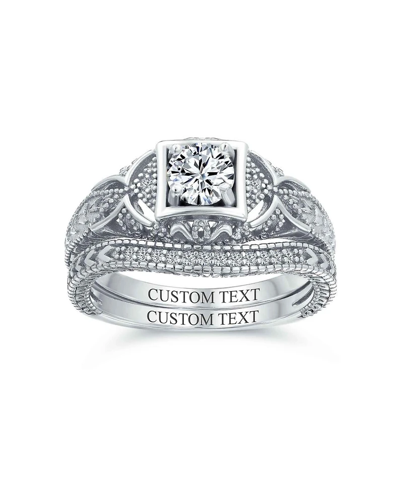 Bling Jewelry Deco Style Milgrain 1CTW Cubic Zirconia Promise Ring Set Sterling Silver