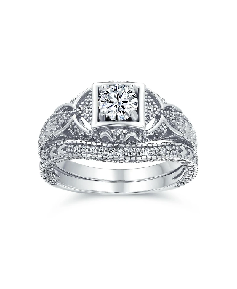 Bling Jewelry Deco Style Milgrain 1CTW Cubic Zirconia Promise Ring Set Sterling Silver