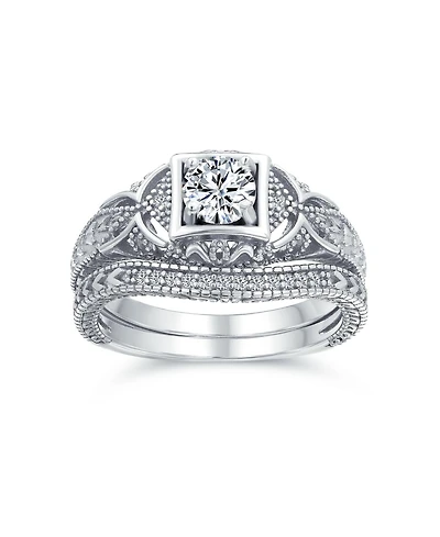 Bling Jewelry Deco Style Milgrain 1CTW Cubic Zirconia Promise Ring Set Sterling Silver