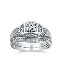 Bling Jewelry Deco Style Milgrain 1CTW Cubic Zirconia Promise Ring Set Sterling Silver