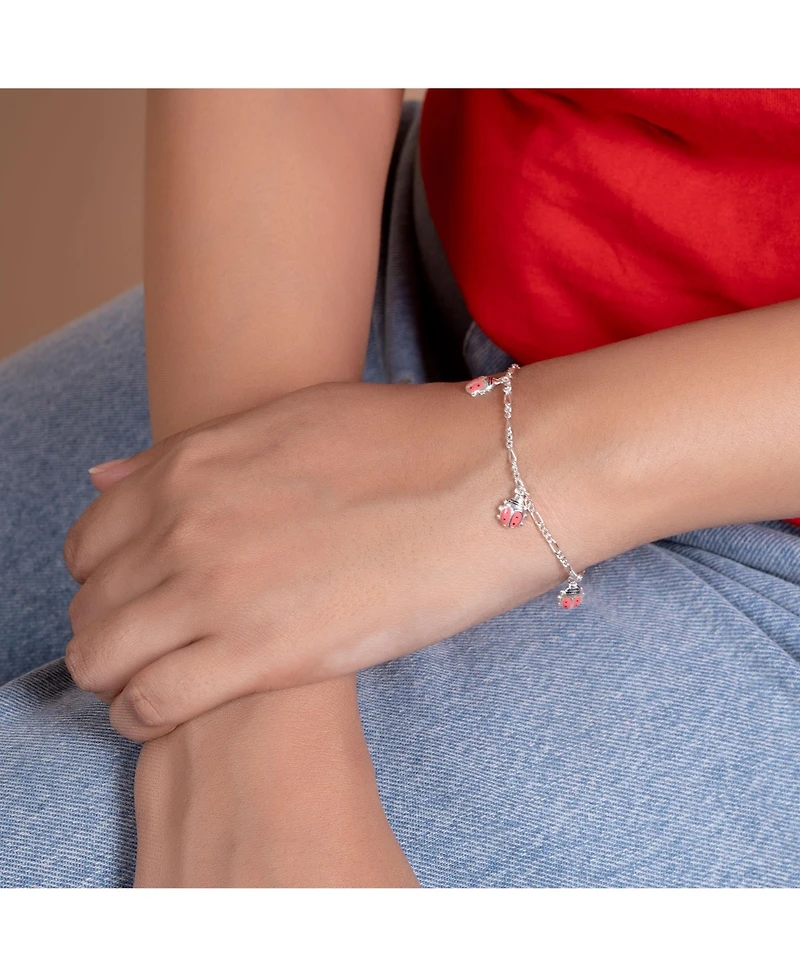 Bling Jewelry Good Luck Dangling Pink Ladybug Charm Bracelet .925 Sterling Silver Small Wrist 6 Inch