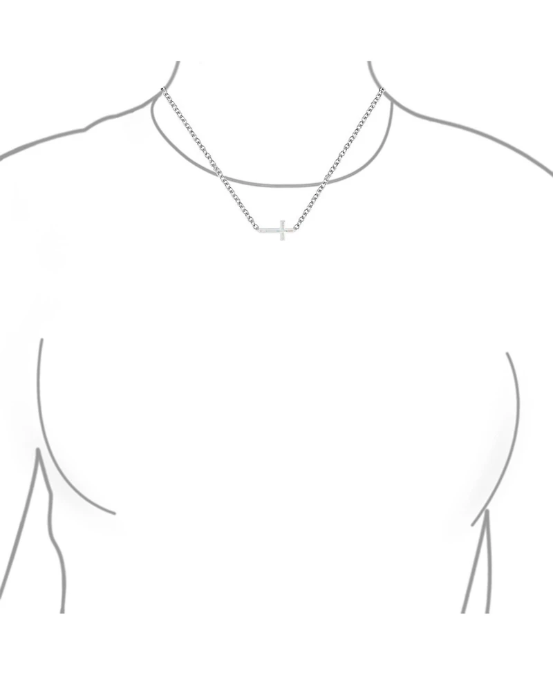 Bling Jewelry Minimalist Simple Created White Opal Inlay Horizontal Sideways Cross Necklace Station Pendant .925 Sterling Silver