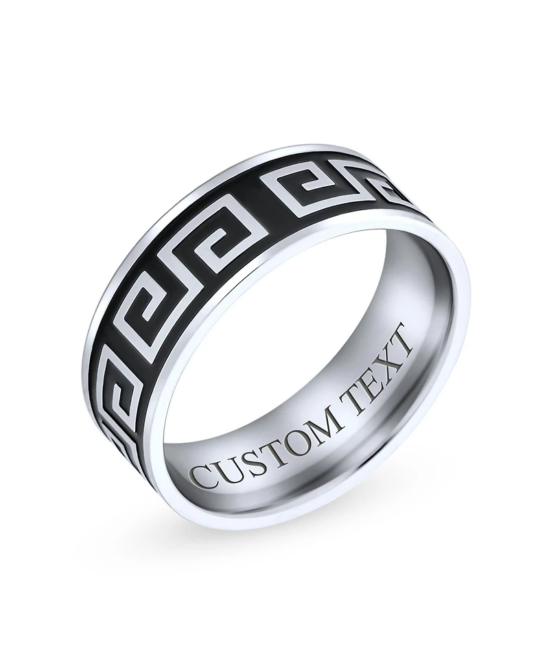 Bling Jewelry Geometric Ancient Fret Greek Key Pattern Flat Eternity Band Ring Black Silver Two Tone Stainless Steel 8MM