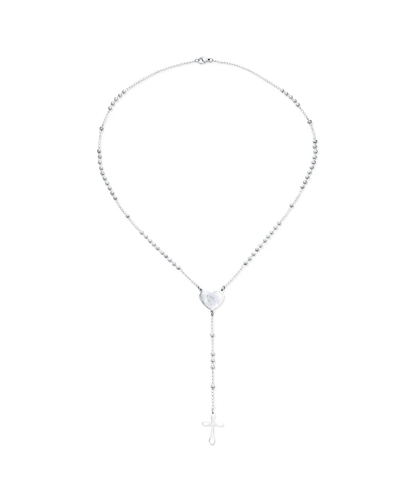 Bling Jewelry Dainty 2MM Round Ball Beaded Link Heart Virgin Mary Cross Prayer Rosary Chain Silver Tone Stainless Steel