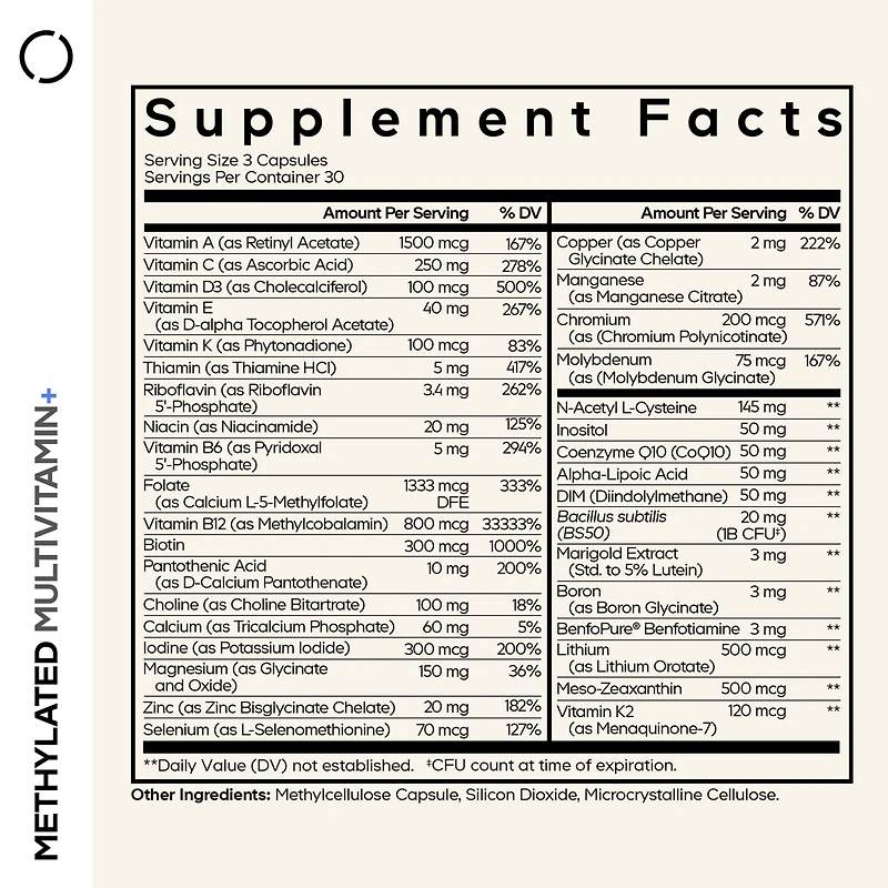 Codeage Methylated Multivitamin Supplement - B-Vitamin, Vitamins A, C, D, E, K2, B12 Methylcobalamin - L-Methylfolate