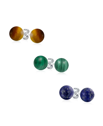 Bling Jewelry Set of 3 Natural Stones Ball Stud Earrings Sterling Silver 8MM