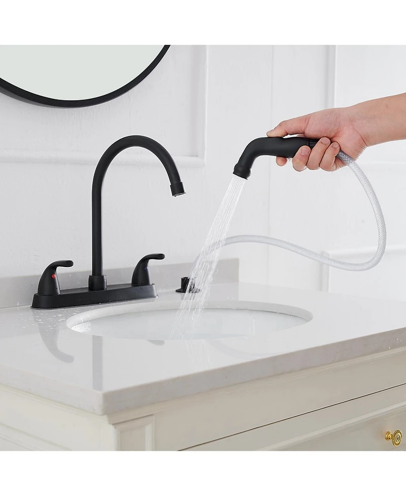 Two-Handle 4 Holes Standard Kitchen Sink Faucet With Side Sprayer In Brushed Nickel