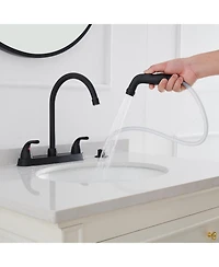 Two-Handle 4 Holes Standard Kitchen Sink Faucet With Side Sprayer In Brushed Nickel