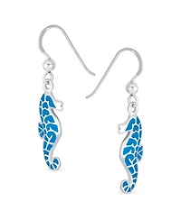 Bling Jewelry Sea Animal Nautical Beach Vacation Inlay Enamel Blue Seahorse Dangling Earrings .925 Sterling Silver Fish Hook