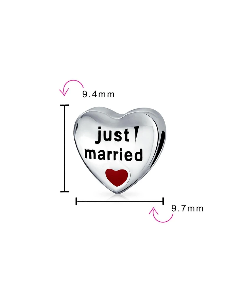 Bling Jewelry Red Heart Shape Two Sided Words Just Married Charm Bead .925 Sterling Silver