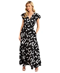 HotSquash London Women's Abstract Print Chiffon Faux Wrap Maxi Dress