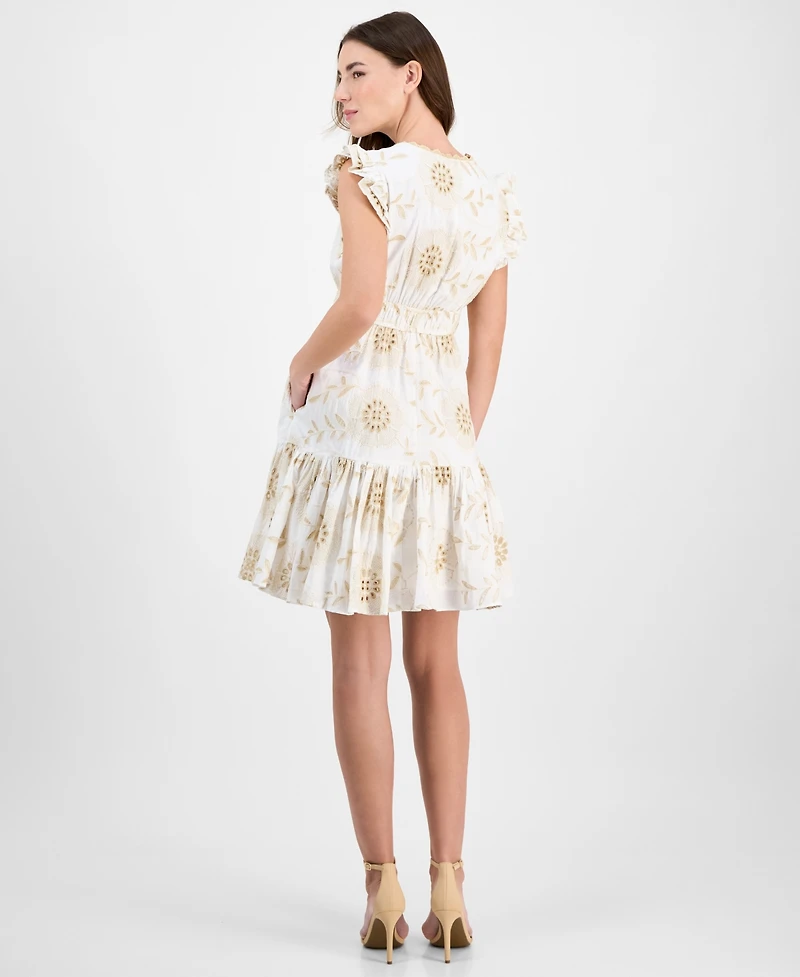 Anne Klein Women's Ruffled Embroidered V-Neck Dress