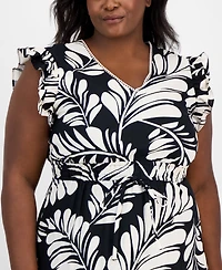 Anne Klein Plus Printed V-Neck Ruffled Midi Dress