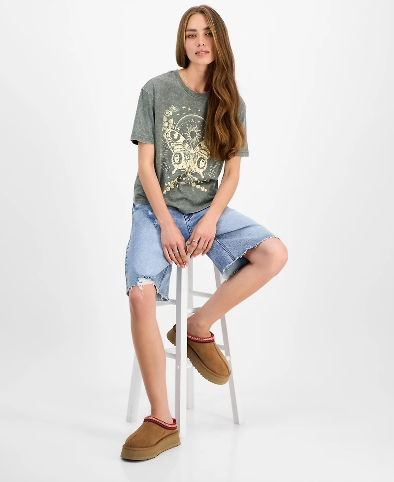 Rebellious One Juniors' Butterfly Mineral Wash Graphic T-Shirt