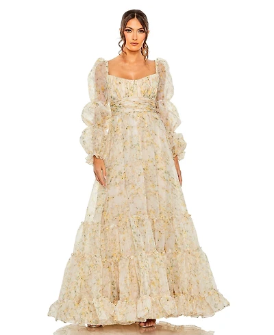 Mac Duggal Women's Sweetheart Balloon Sleeve Chiffon Tiered Gown