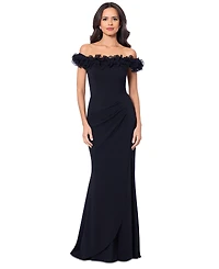Xscape Women's Scuba-Crepe Ruffled Off-The-Shoulder Fit & Flare Gown