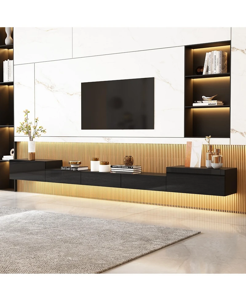 Black wall-mounted Tv stand, entertainment center with five drawers, media console with light strip