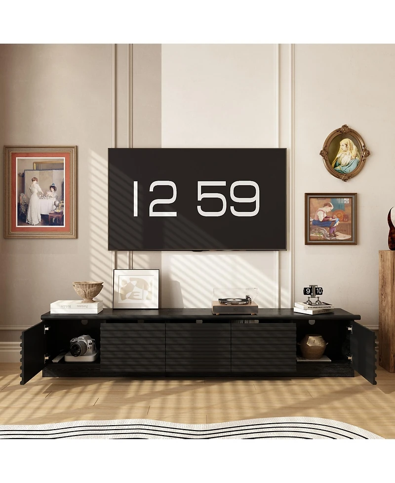 Tv stand with two doors and three drawers, multi-purpose media console, black wood entertainment center