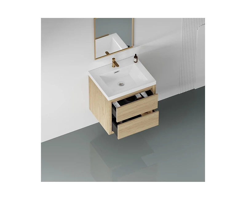 Casainc 24" Wall-Mounted Bathroom Vanity with Sink, Floating Storage Cabinet Stone Resin Countertop and Soft Close Drawers, Natural Oak