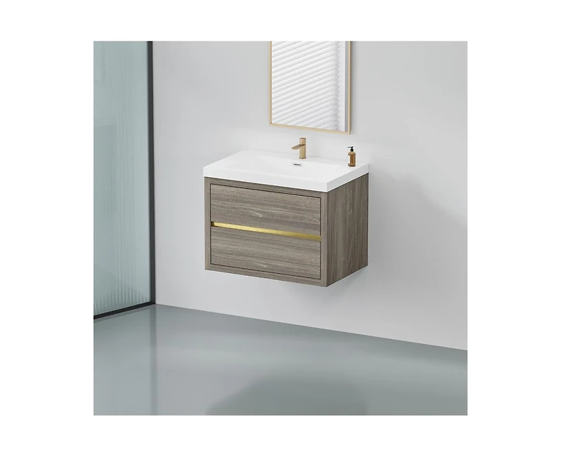 Casainc 30" Wall-Mounted Bathroom Vanity with Sink, Floating Storage Cabinet Stone Resin Countertop and Soft Close Drawers, Natural Oak