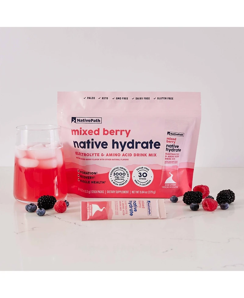 NativePath Native Hydrate Stick Packs, Sugar Free Electrolytes Powder with BCAAs, Mixed Berry Hydration, Keto & Paleo Friendly, 30 Servings