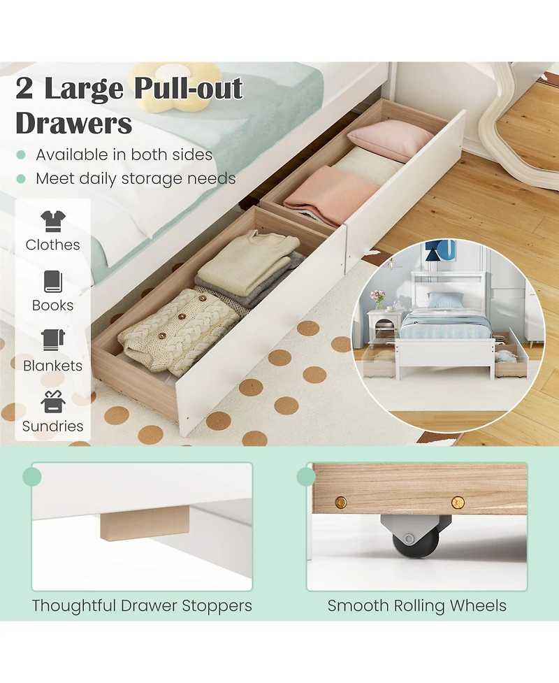 Twin Wooden Bed Frame with 2 Drawers for Teens and Adults