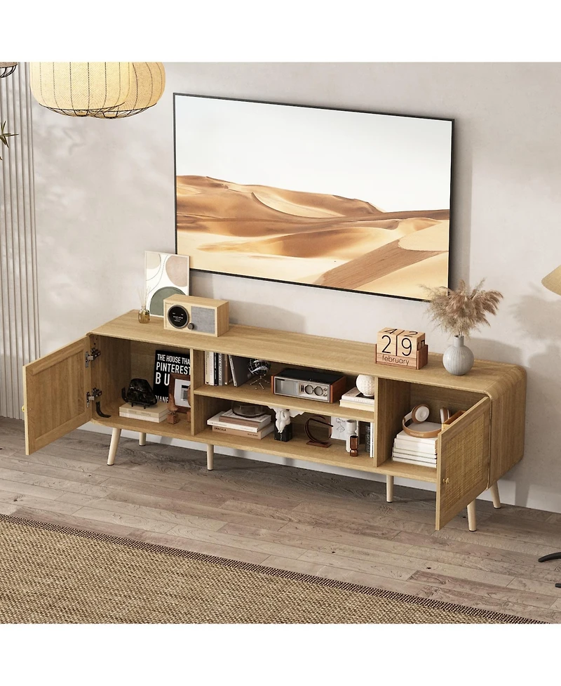 Tv stand with rattan door panels, media console with two doors and two compartments, entertainment center with legs