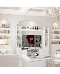 Black four-door Tv stand, media console with movable shelves, multi-purpose entertainment center