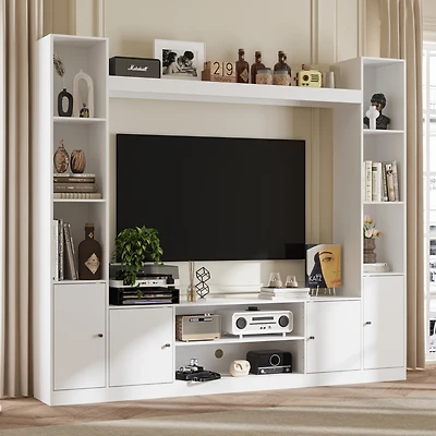 Black four-door Tv stand, media console with movable shelves, multi-purpose entertainment center