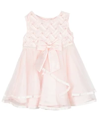Baby Girls Basket Weave Social Dress with Two Tiered Ribbon Skirt
